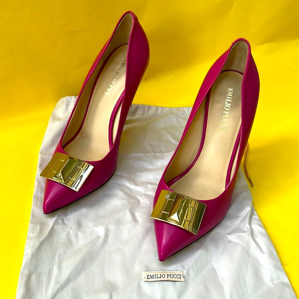 Berry color/gold Emilio Puccini leather heels in dust bag - Picture 5 of 15